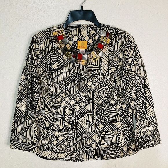 Ruby Rd. Sz 12 Geometric Design w Beading Neckline Brown & Tan Jacket 3/4 Sleeve - Picture 11 of 11